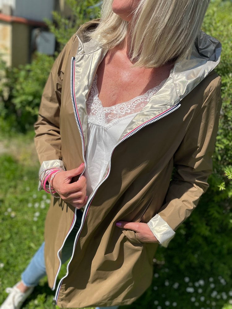 Veste imperméable Laura réversible longue camel et doré