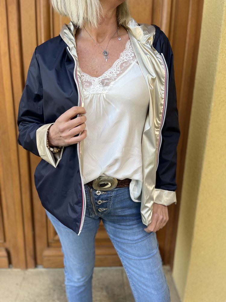 Veste imperméable Laura réversible courte bleu marine et doré