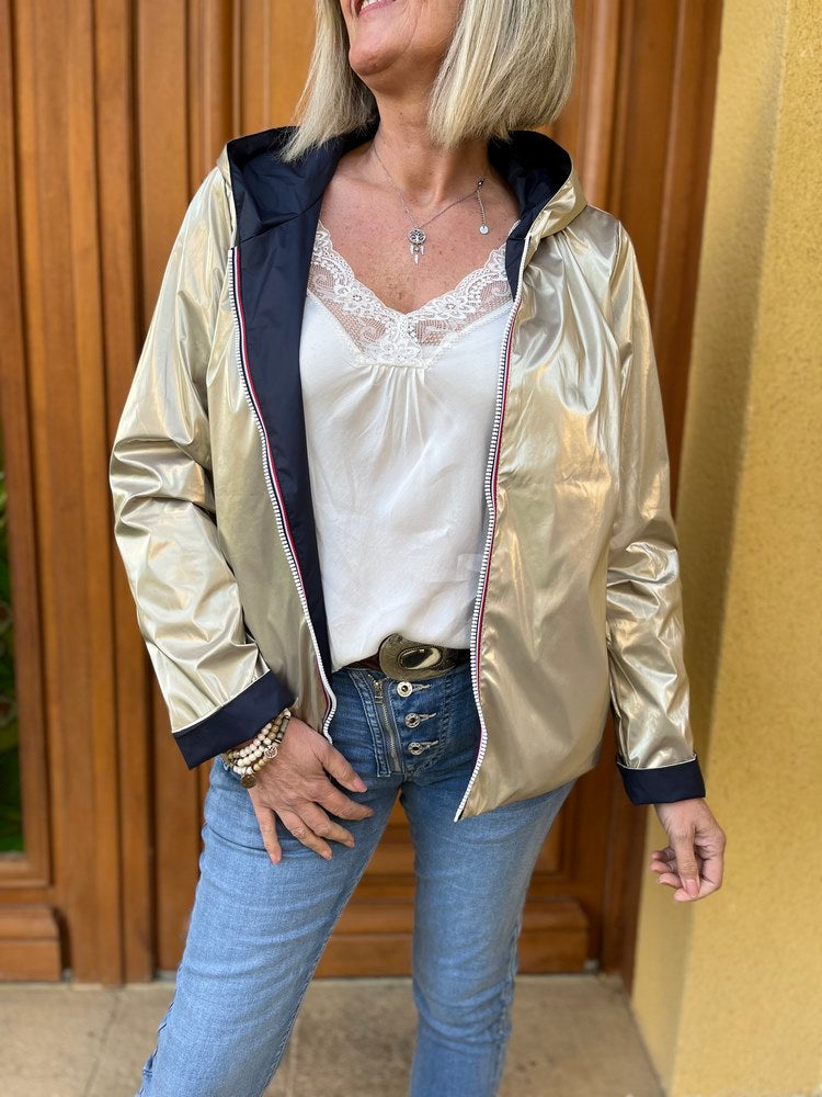 Veste imperméable Laura réversible courte bleu marine et doré