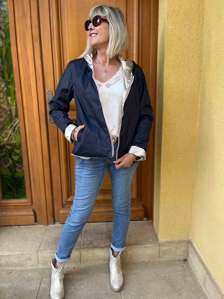Veste imperméable Laura réversible courte bleu marine et doré