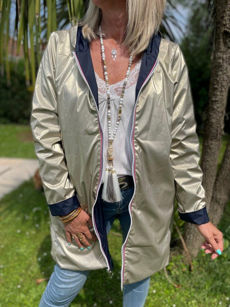 Veste imperméable Laura réversible longue bleu marine et doré