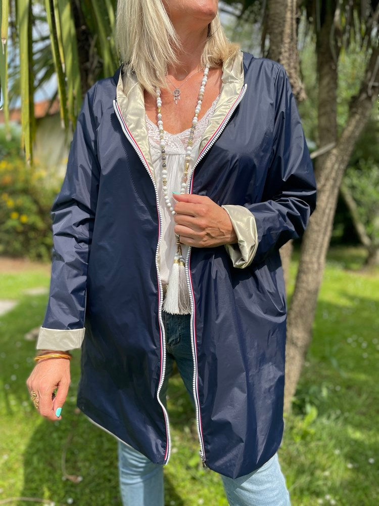 Veste imperméable Laura réversible longue bleu marine et doré