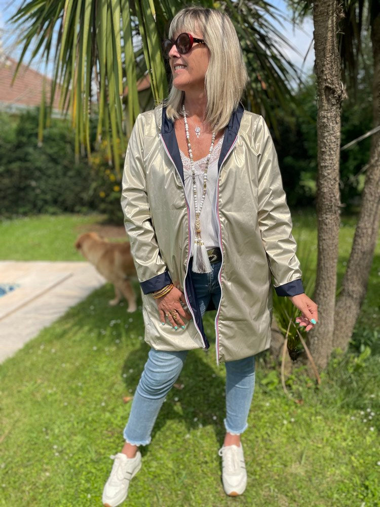 Veste imperméable Laura réversible longue bleu marine et doré