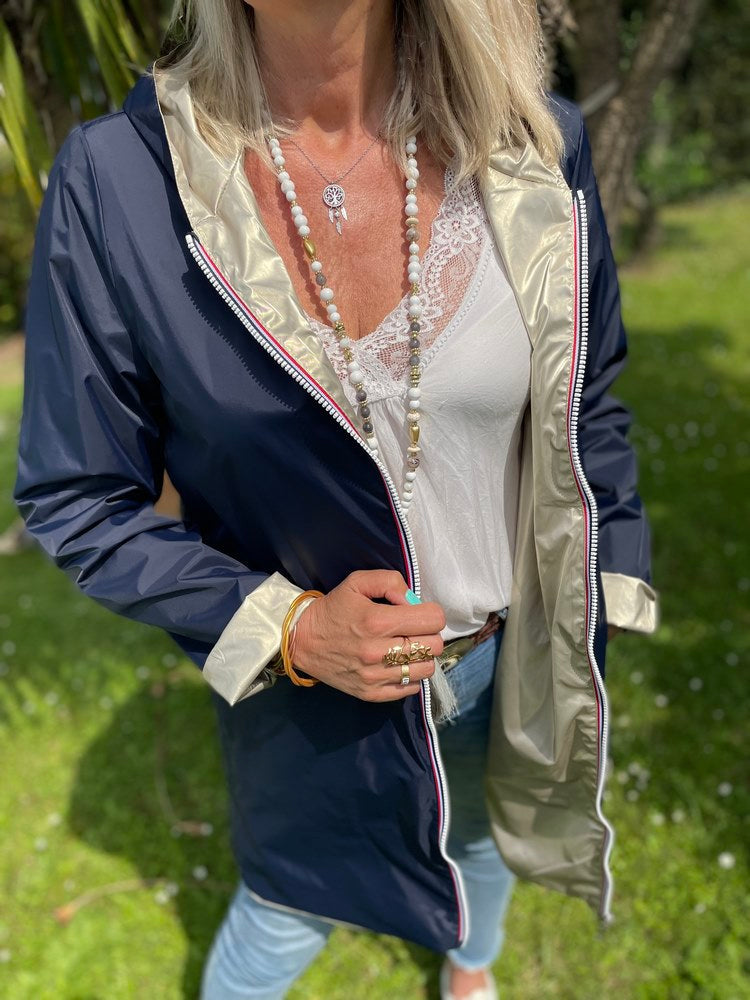 Veste imperméable Laura réversible longue bleu marine et doré